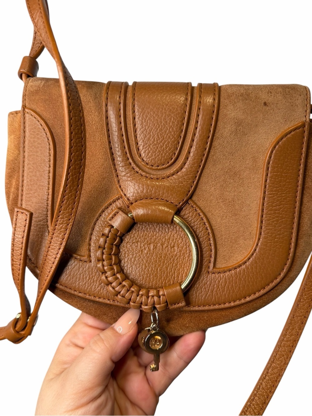 See By Chloe Tan Suede & Leather Crossbody with Braided Ring